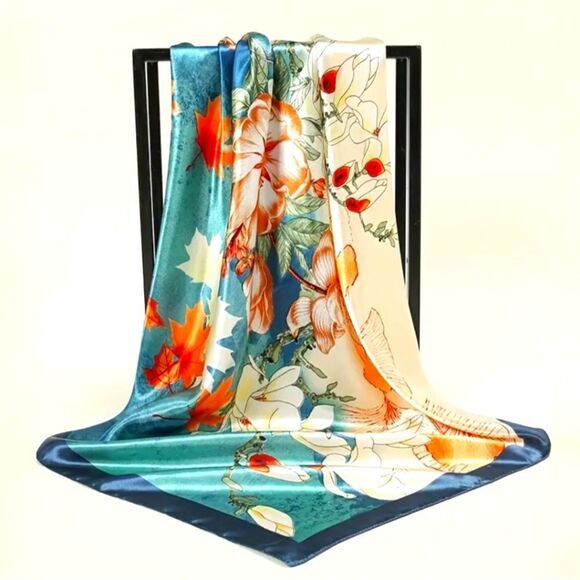 Floral scarf shawl blue trim wrap luxury accessory maple leaf… - Picture 1 of 3